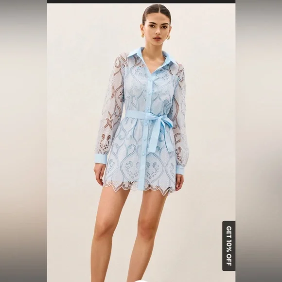 Commense Light Blue Lace Long Sleeve Dress 2 in 1 sheer lace mini dress Large - Picture 4 of 6